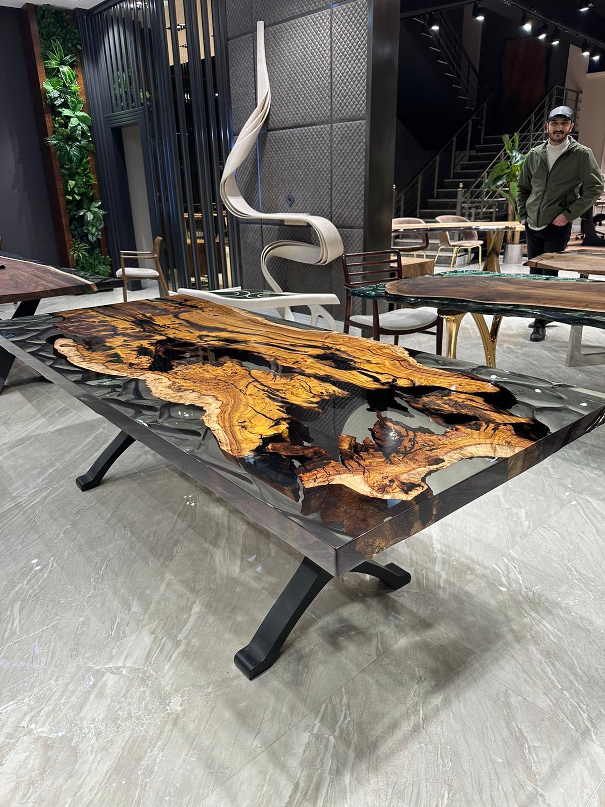 Contemporary Ancient Hackberry One Piece Slab Epoxy Resin Live Edge Wood Table For Sale