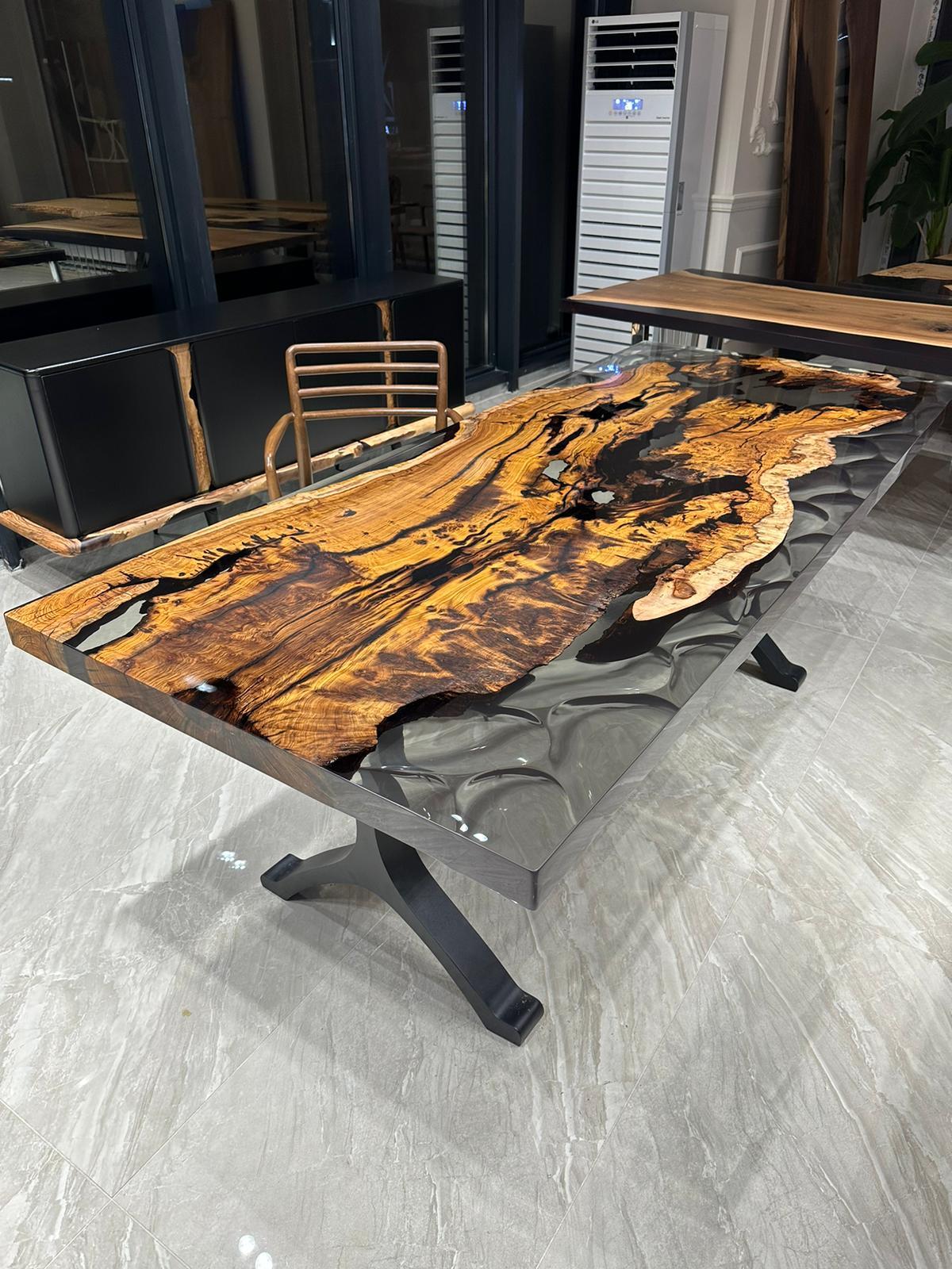 Ancient Hackberry One Piece Slab Epoxy Resin Live Edge Wood Table For Sale 1