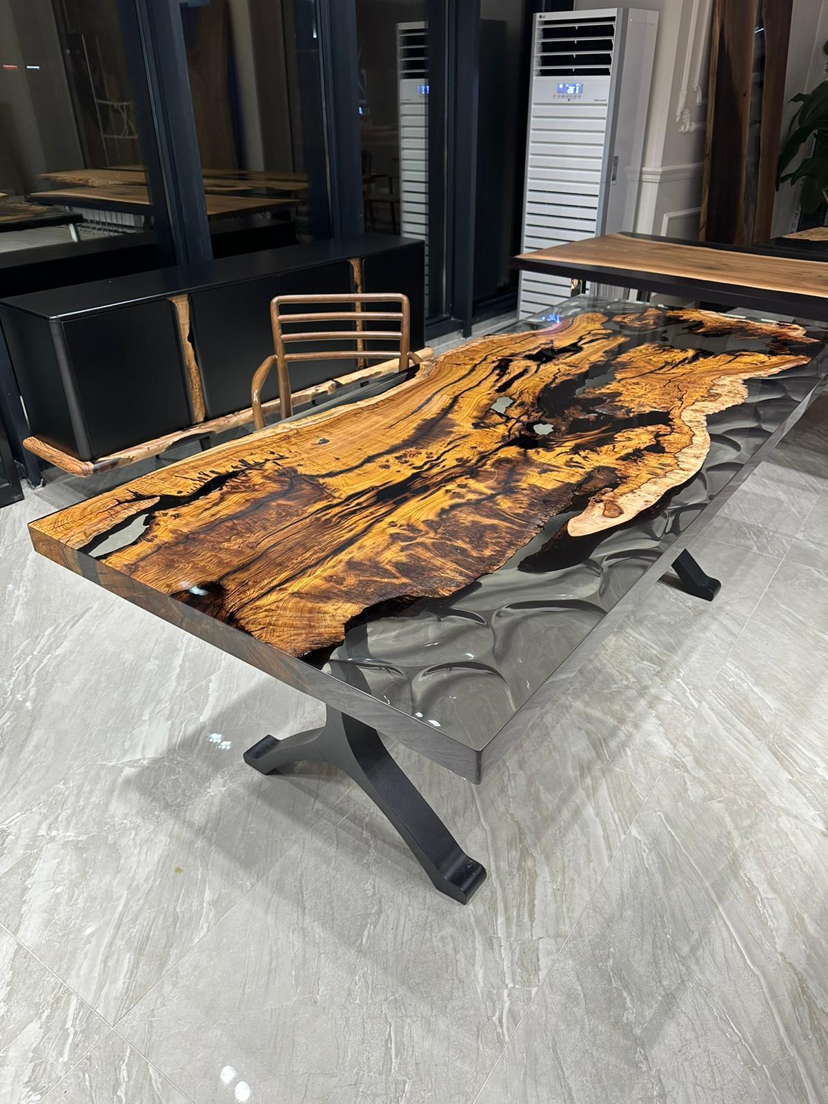 Ancient Hackberry One Piece Slab Epoxy Resin Live Edge Wood Table In New Condition For Sale In İnegöl, TR