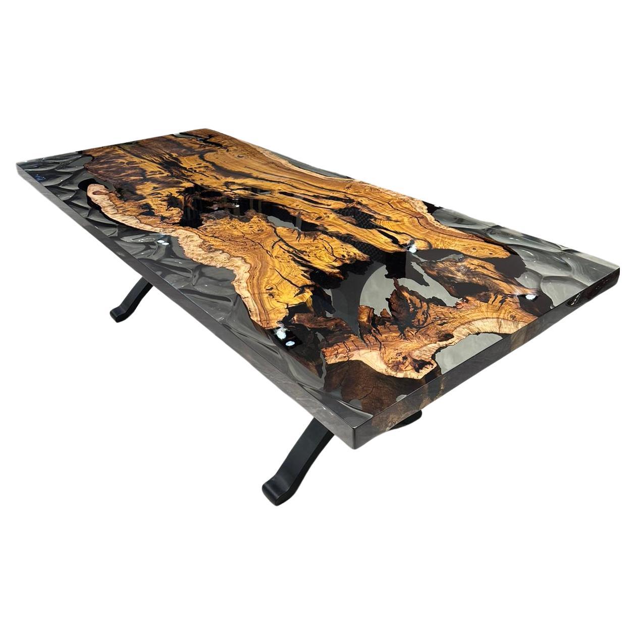 Ancient Hackberry One Piece Slab Epoxy Resin Live Edge Wood Table For Sale