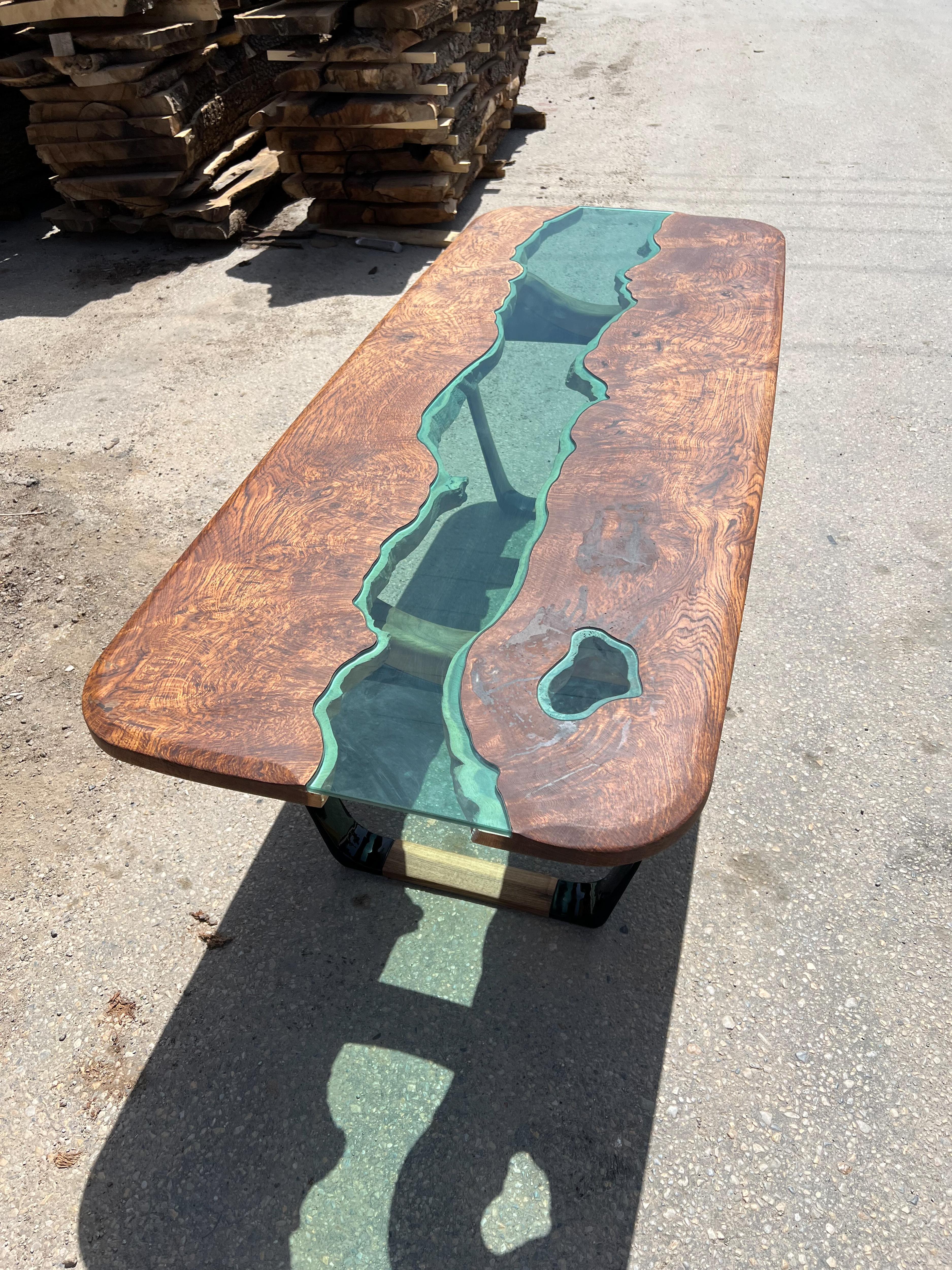 Hand-Crafted Ancient Hackberry Wood Glass River Dining Table For Sale