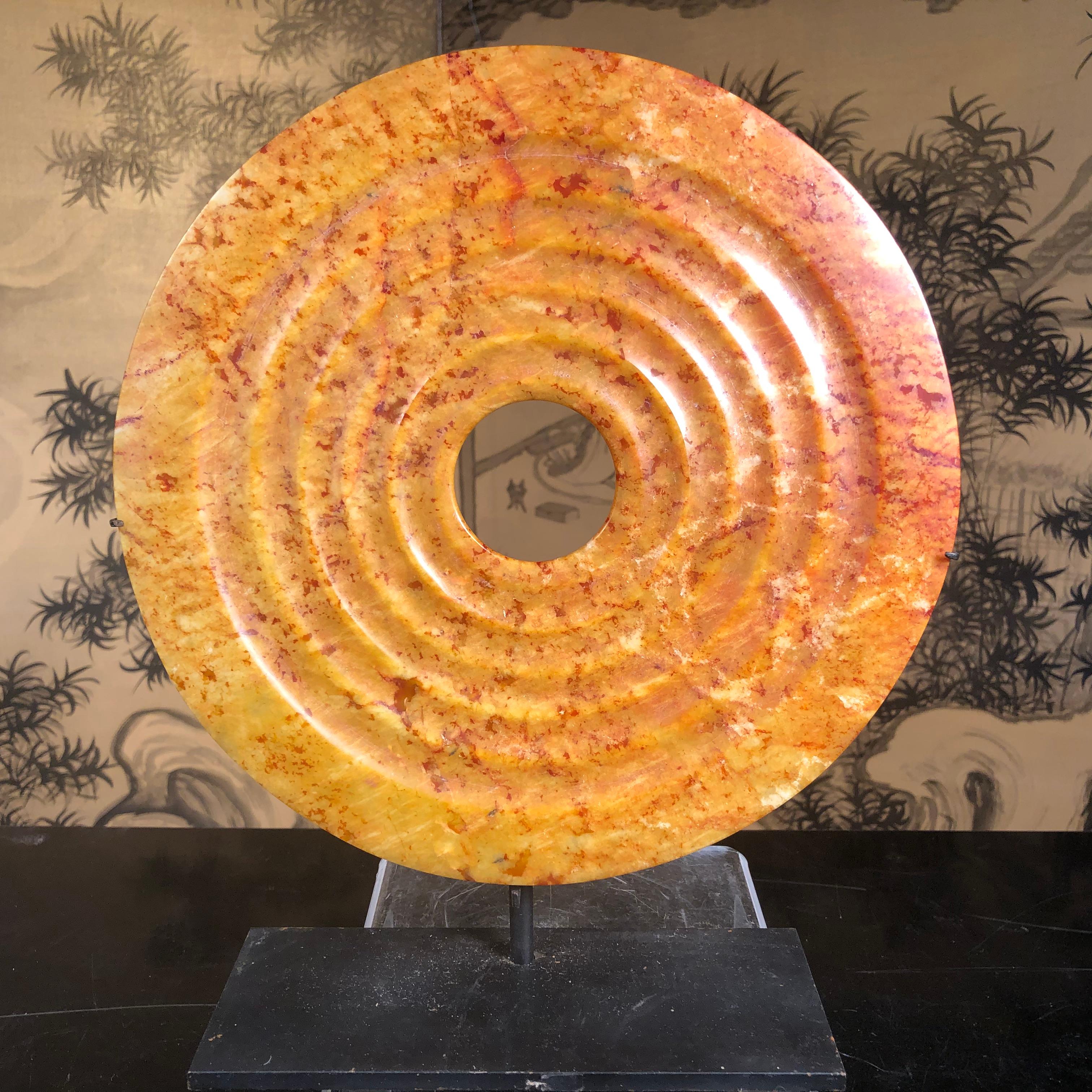Chinese Ancient Handmade Jade Bi Blood Orange Genuine Artifact from 2000 BC