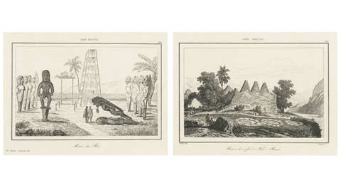 Ancient Hawaiian Temples & Royal Sacred Sites – Pair of Small Engravings, 1836