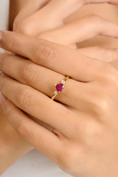 Ancient Heart Shape Ruby & Diamond Three Stone Ring in 14k Yellow Gold for Her