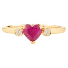 Ancient Heart Shape Ruby & Diamond Three Stone Ring in 14k Yellow Gold for Her