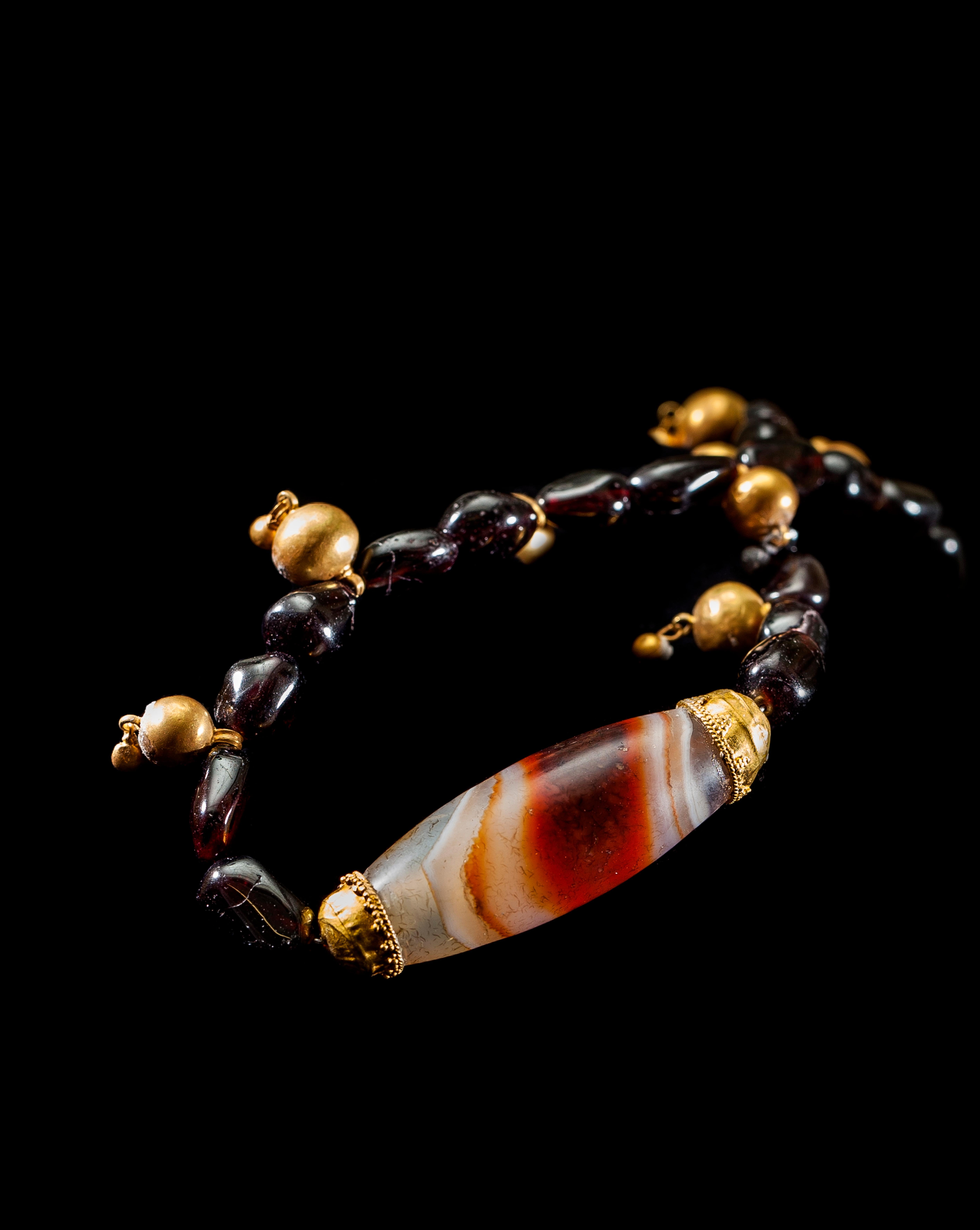 Rough Cut Ancient Hellenistic Necklace with Banded Agate and Gold-Charm Beads For Sale