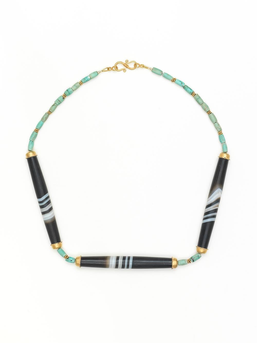 Ancient Hellenistic Turquoise Necklace with Black Banded Agate In Good Condition For Sale In London, GB