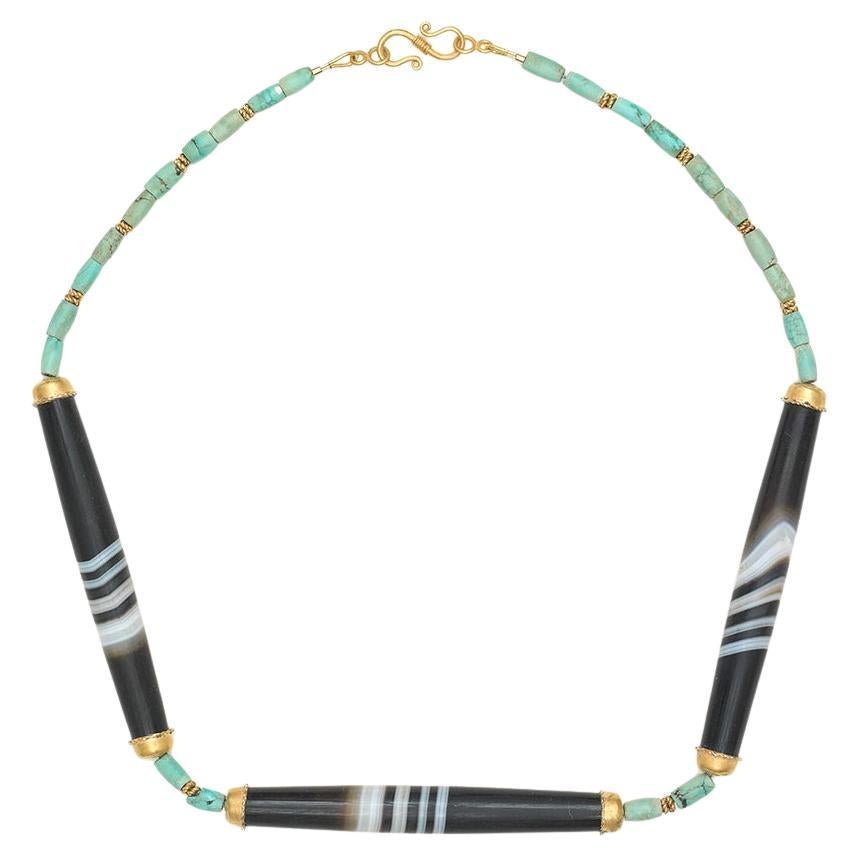 Ancient Hellenistic Turquoise Necklace with Black Banded Agate For Sale