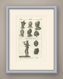 Ancient Helmets and a Bronze Warrior Hurling a Javelin, Lithograph, 1842