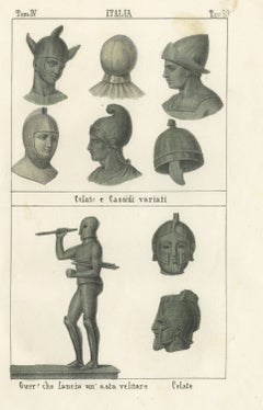 Ancient Helmets and a Bronze Warrior Hurling a Javelin, Lithograph, 1842