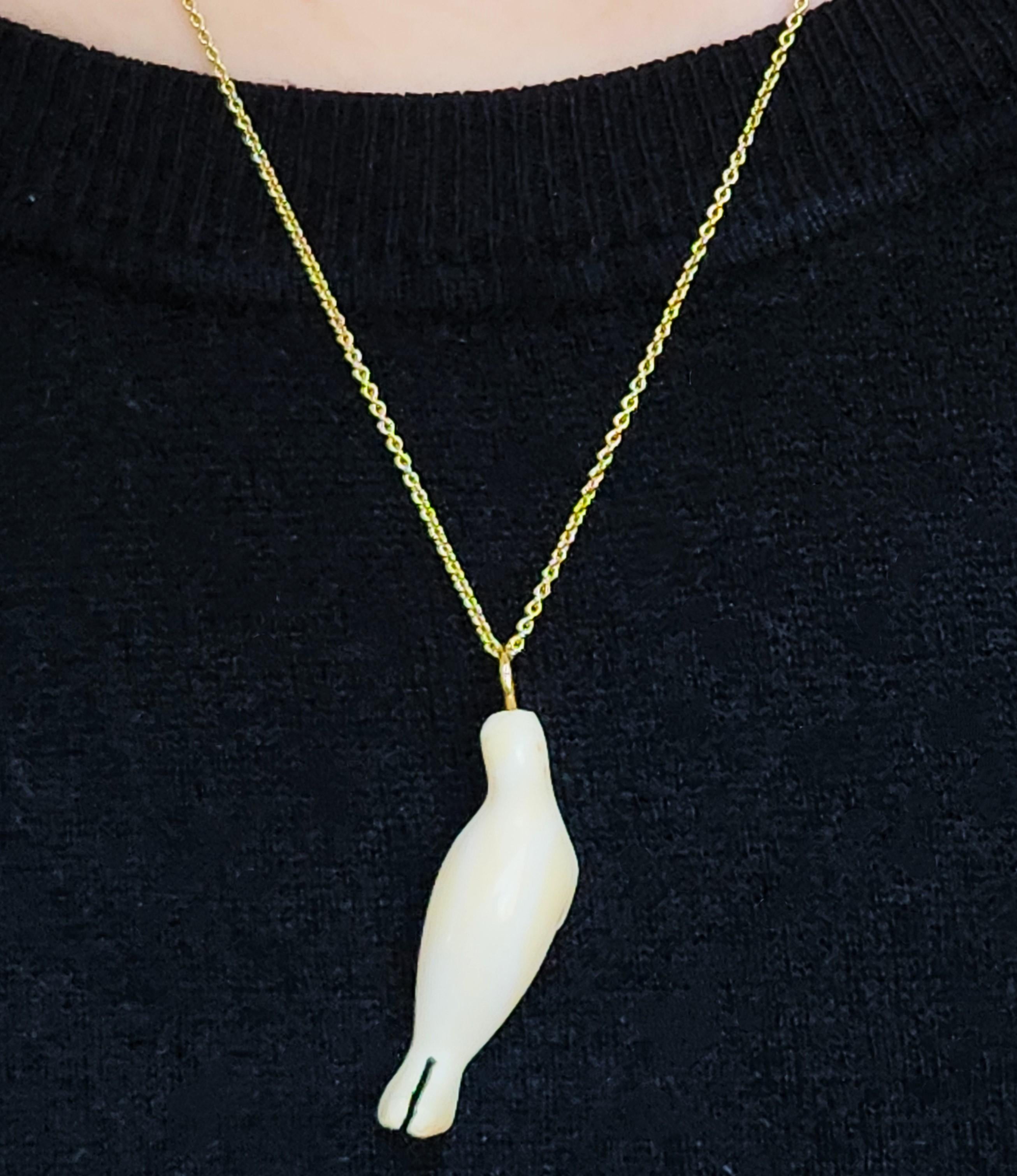 Uncut Ancient Ice Inuit Hand Carved Walrus Necklace in 18K For Sale