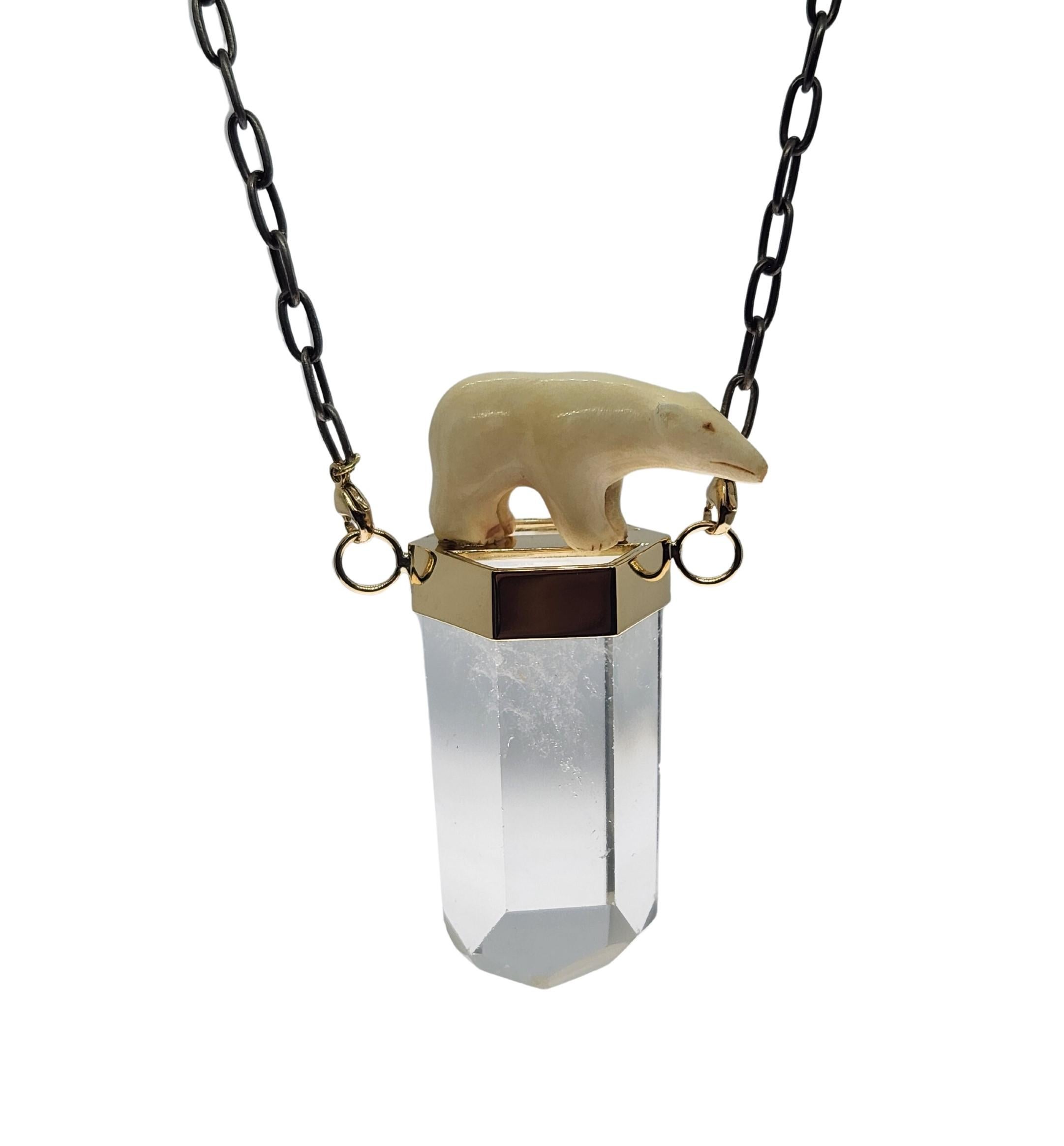 Uncut Ancient Ice Jumbo Crystal Necklace and Carved Polar Bear Statement Necklace For Sale