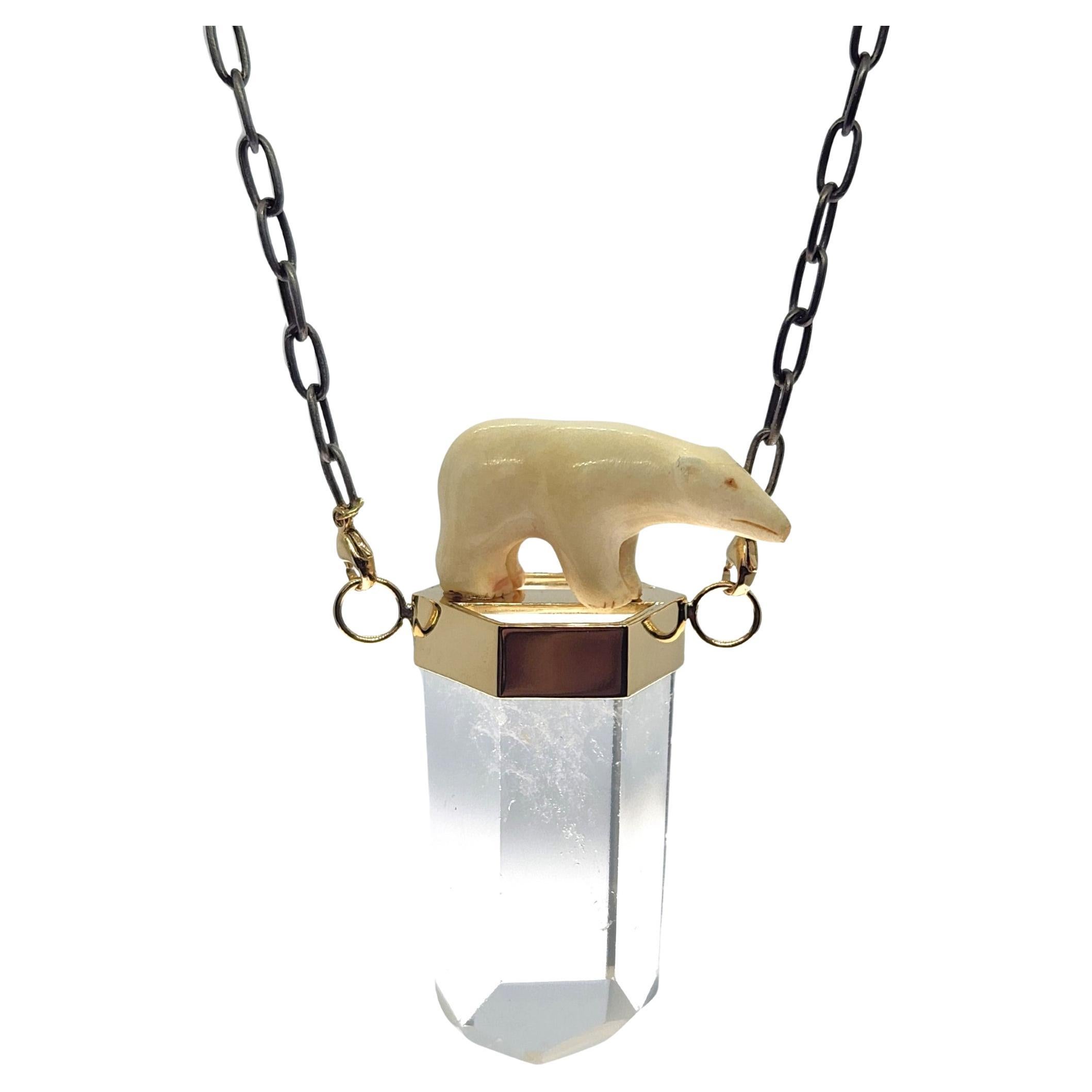 Ancient Ice Jumbo Crystal Necklace and Carved Polar Bear Statement Necklace For Sale