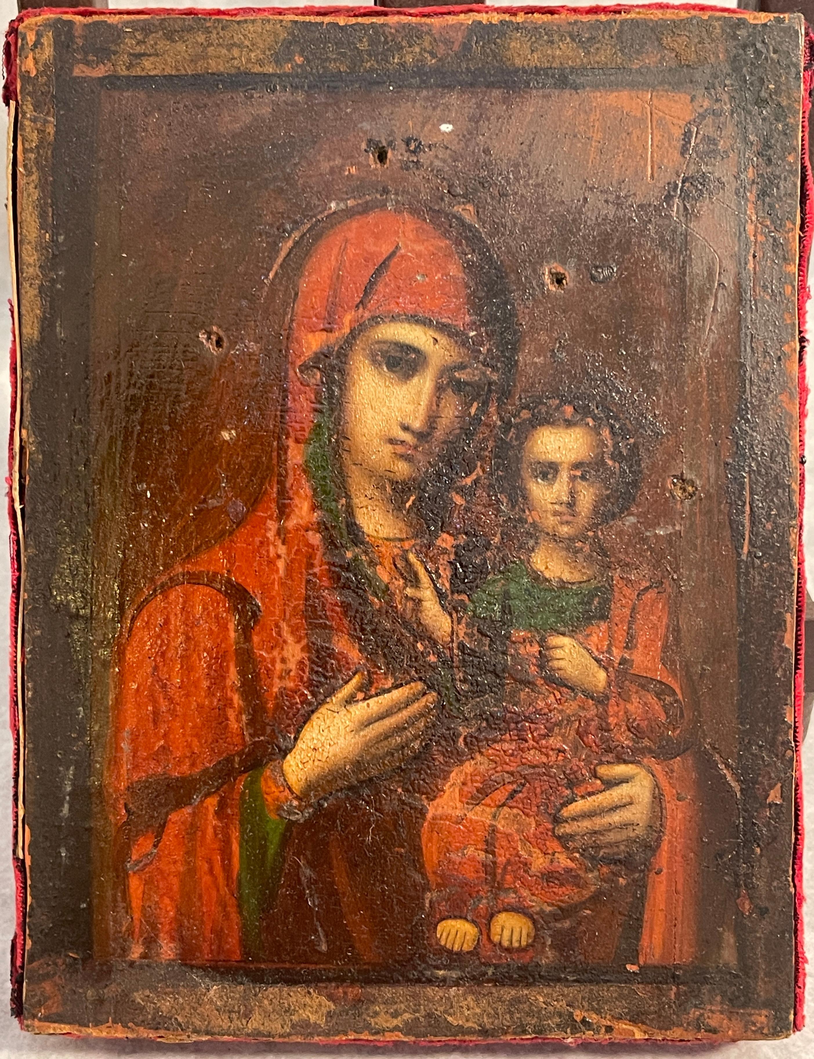Victorien tardif Icone ancienne avec Riza, russe, XIXe siècle, Madonna et Child en vente