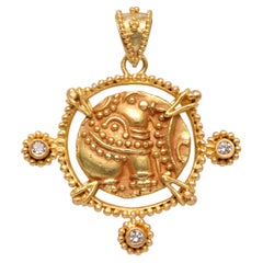 Ancient India 10th Century CE Gold Elephant Coin Diamonds 22K Pendant