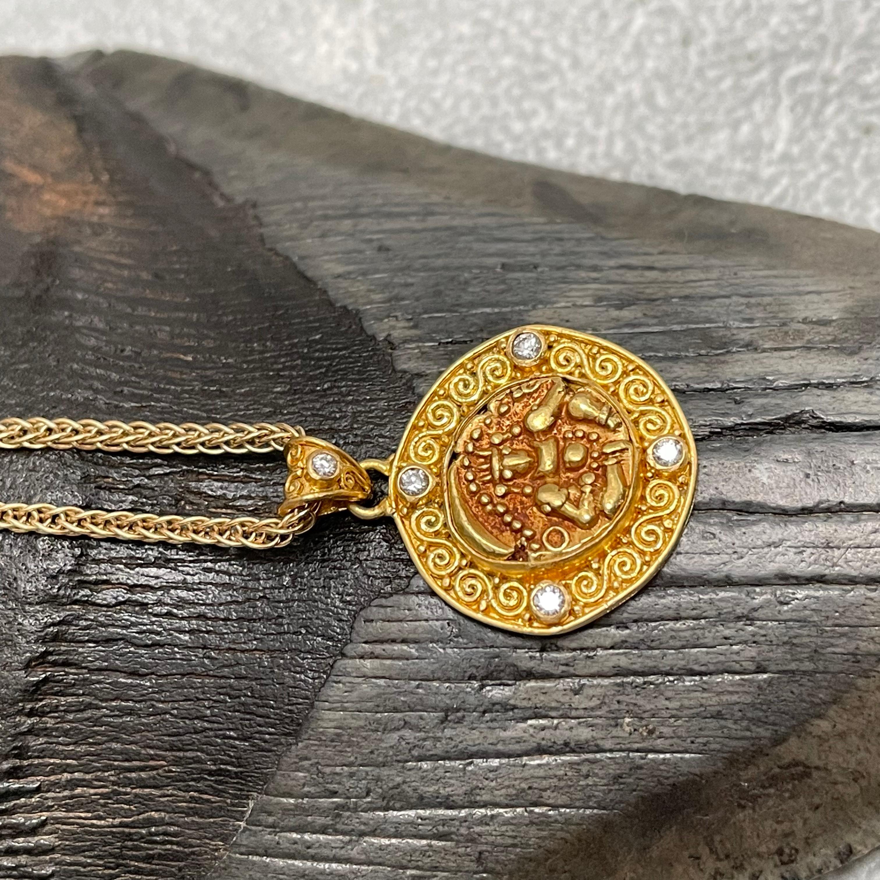 Contemporary Ancient India 1500's Gold Coin 22K Gold Diamonds Pendant For Sale