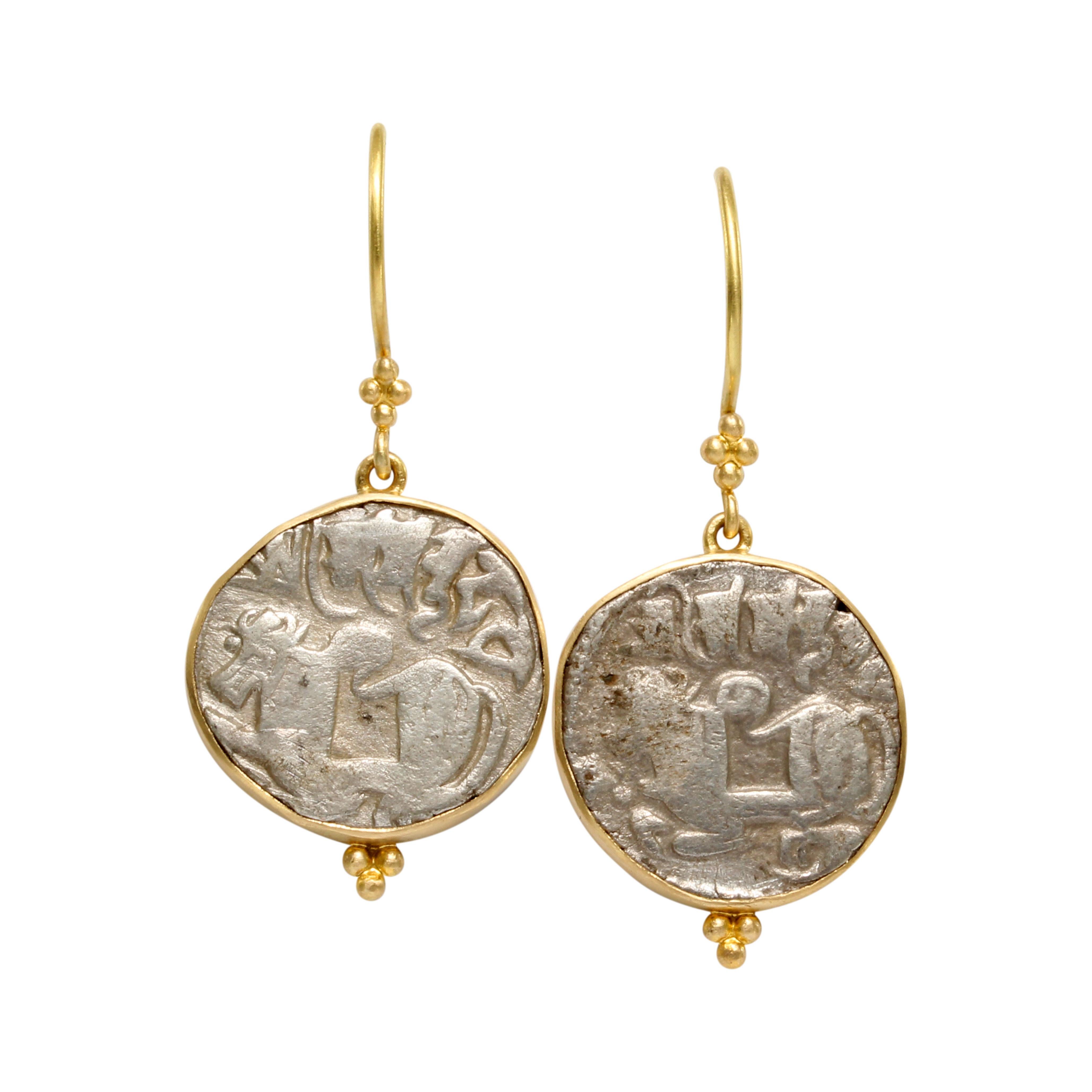 Ancient India 9th-11th Century Shiva Nandi Bull Coin 18K Gold Earrings For Sale 5