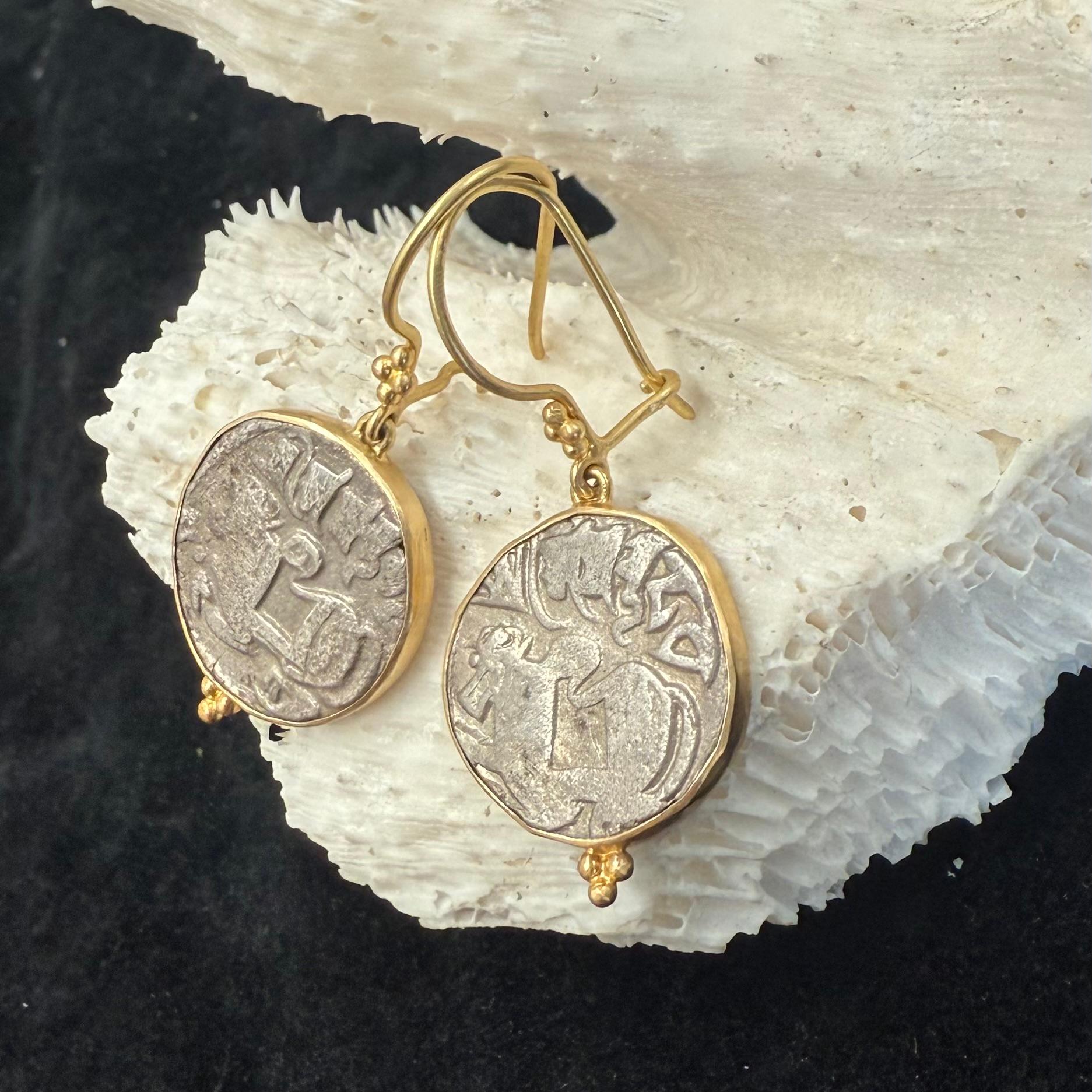 Contemporary Ancient India 9th-11th Century Shiva Nandi Bull Coin 18K Gold Earrings For Sale