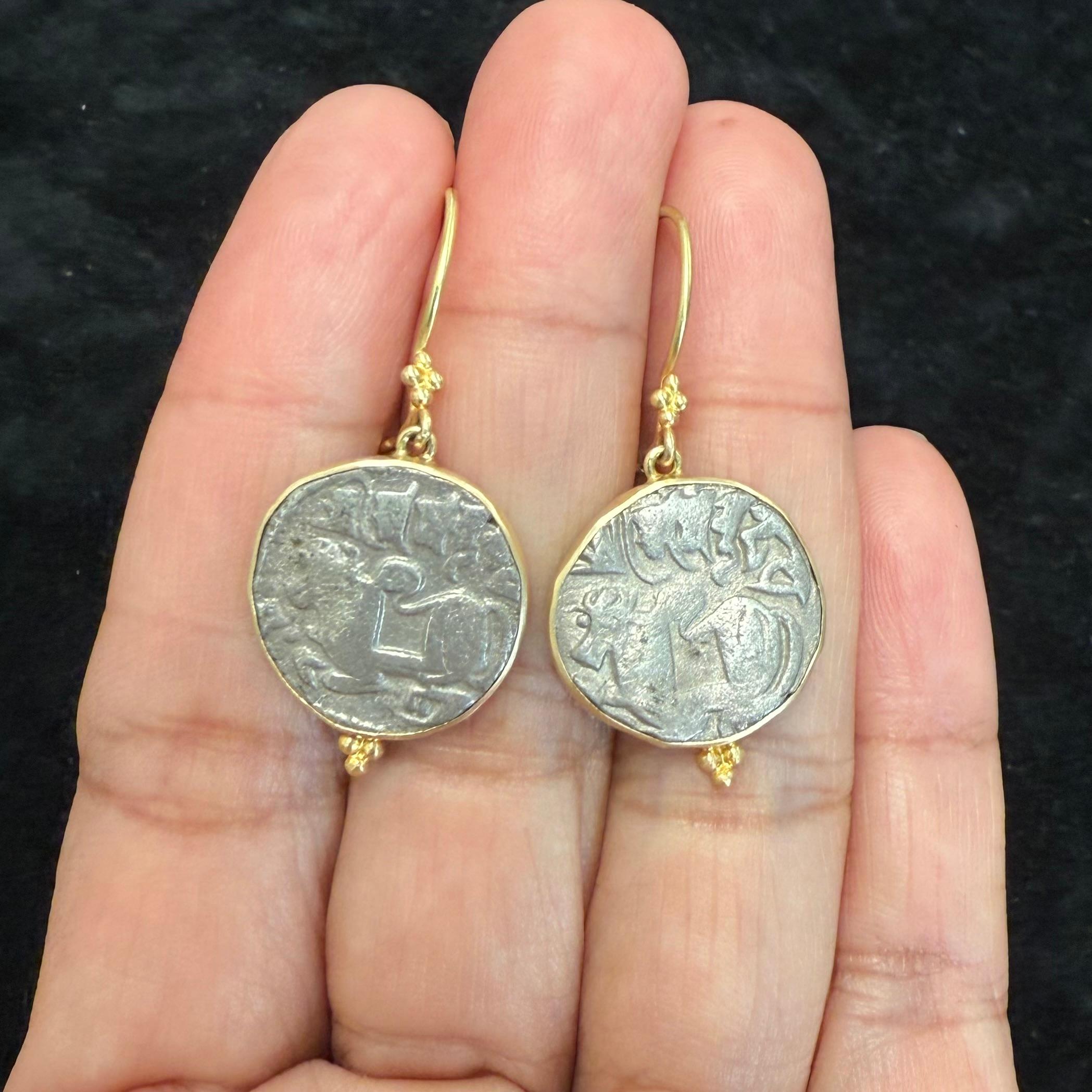 Women's Ancient India 9th-11th Century Shiva Nandi Bull Coin 18K Gold Earrings For Sale