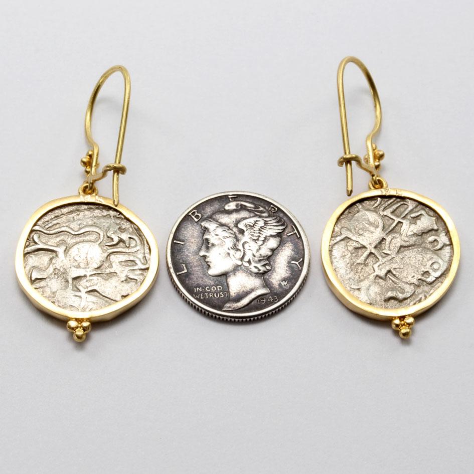 Ancient India 9th-11th Century Shiva Nandi Bull Coin 18K Gold Earrings For Sale 3
