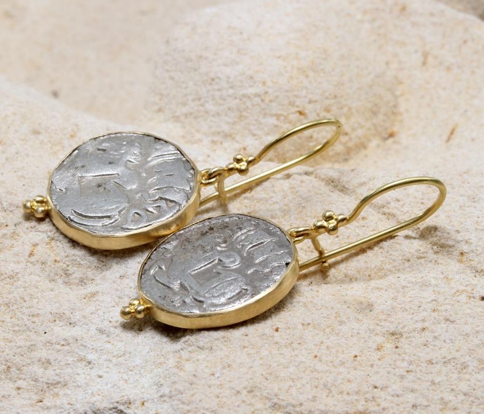 Ancient India 9th-11th Century Shiva Nandi Bull Coin 18K Gold Earrings For Sale 4