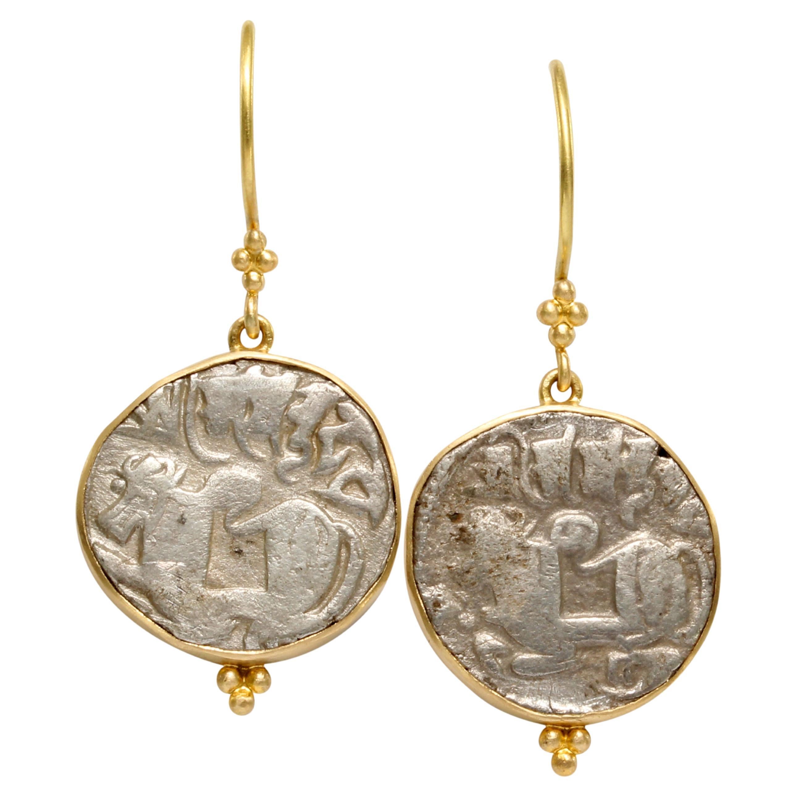 Ancient India 9th-11th Century Shiva Nandi Bull Coin 18K Gold Earrings