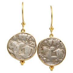 Ancient India 9th-11th Century Shiva Nandi Bull Coin 18K Gold Earrings
