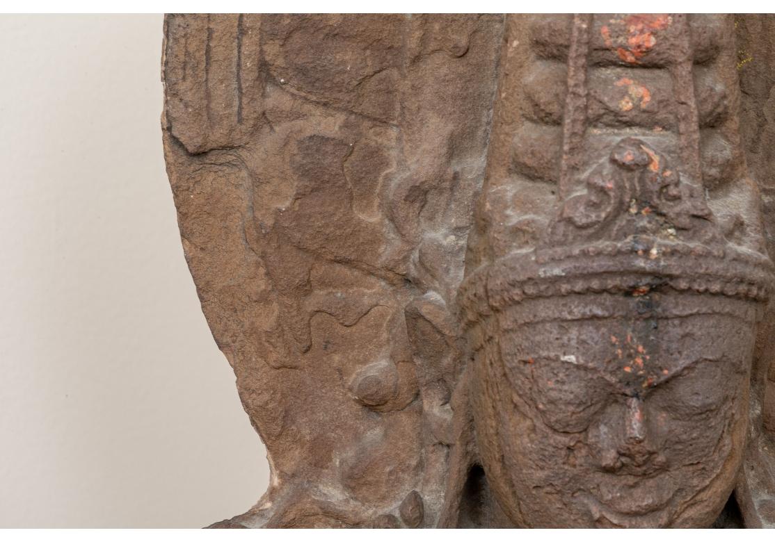 Ancient Indian Red Sandstone Relief Of The Hindu God Vishnu In Distressed Condition For Sale In Bridgeport, CT