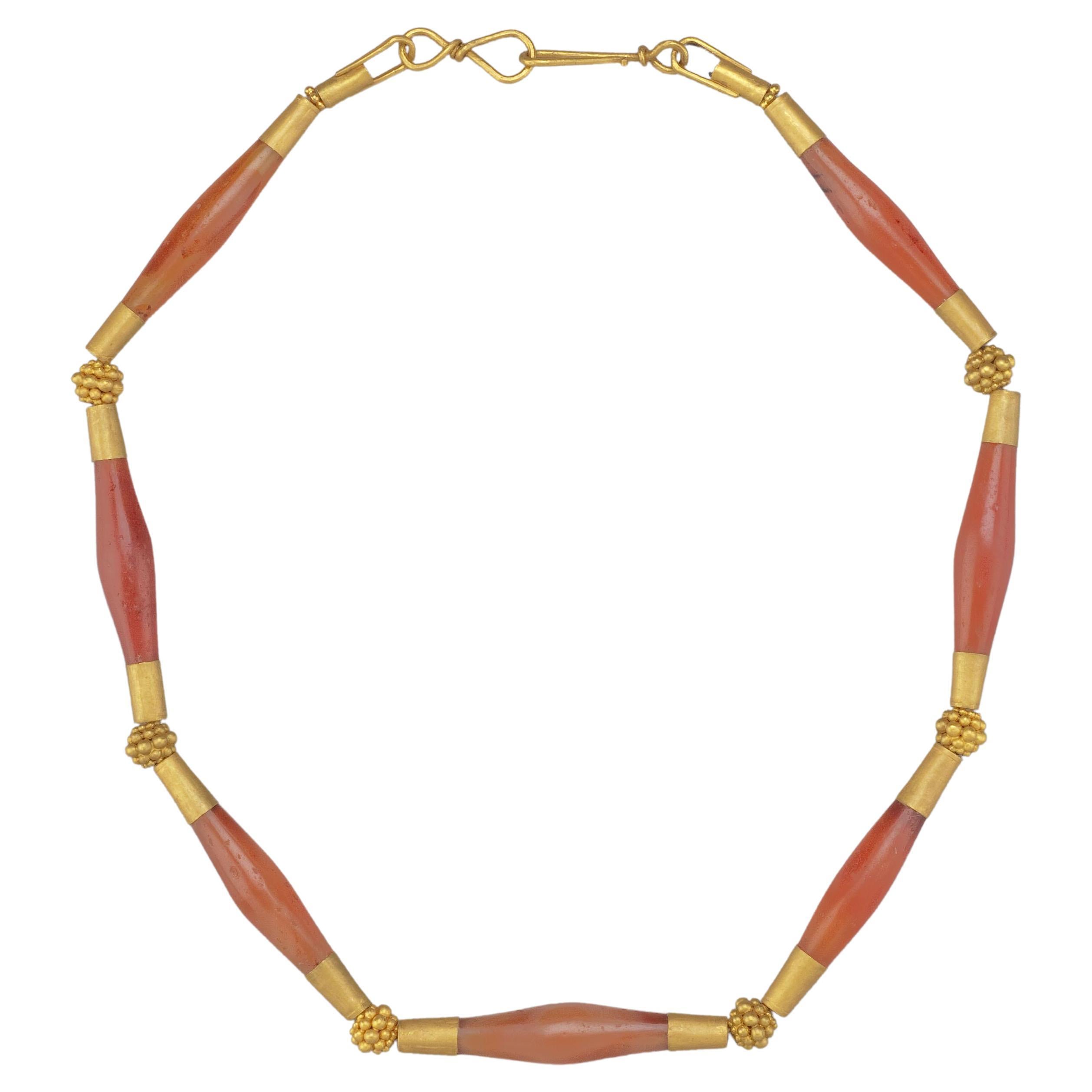 Ancient Indus Valley Carnelian Beads with Gold Caps, "Mulberry" 20k Gold Beads For Sale