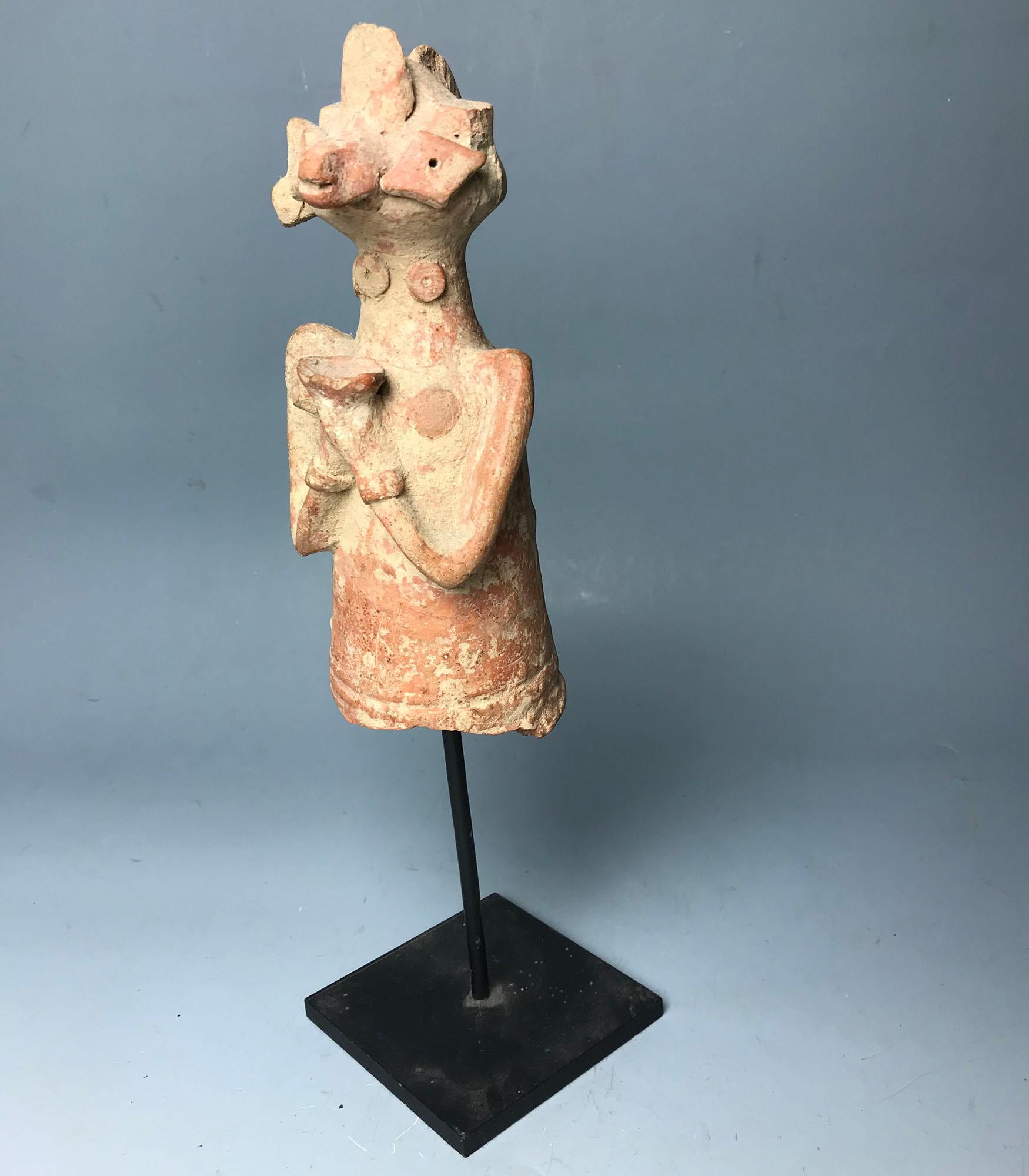 Ancient Indus Valley cup bearer Fertility figurine Circa (2800-2600 BC).

A rare female pottery cup bearer figurine in terracotta with pointed facial features and applied diamond shaped eyes. 
Height 21 cm
Indus valley Bajaur Valley Pakistan India