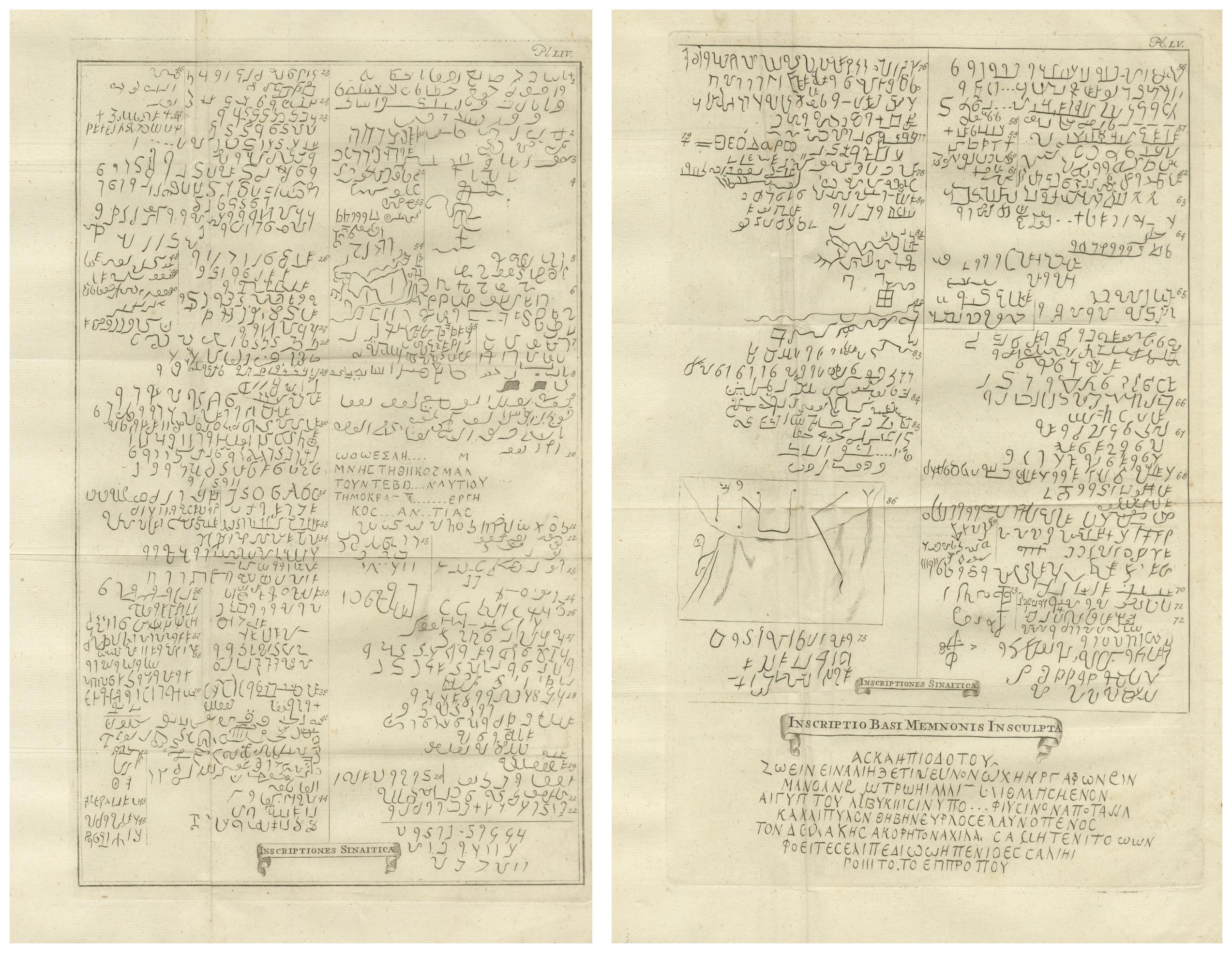 Inscripciones antiguas del Sinaí y Egipto - Inscriptio Memnonis, c.1710 Grabado en Bueno estado para la venta en Langweer, NL