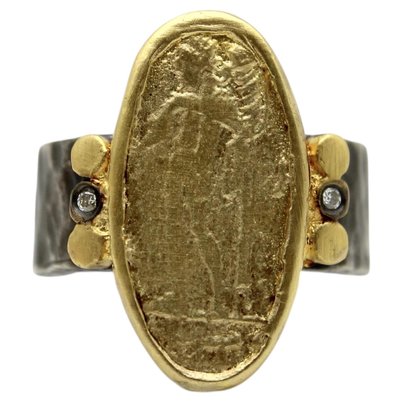 Ancient-Inspired Classical Sterling Silver and 24K Gold Ring with Diamonds