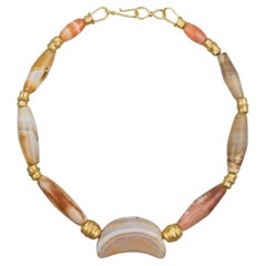 Ancient Ishtar Crescent Moon Agate Necklace with 22k Gold Beads