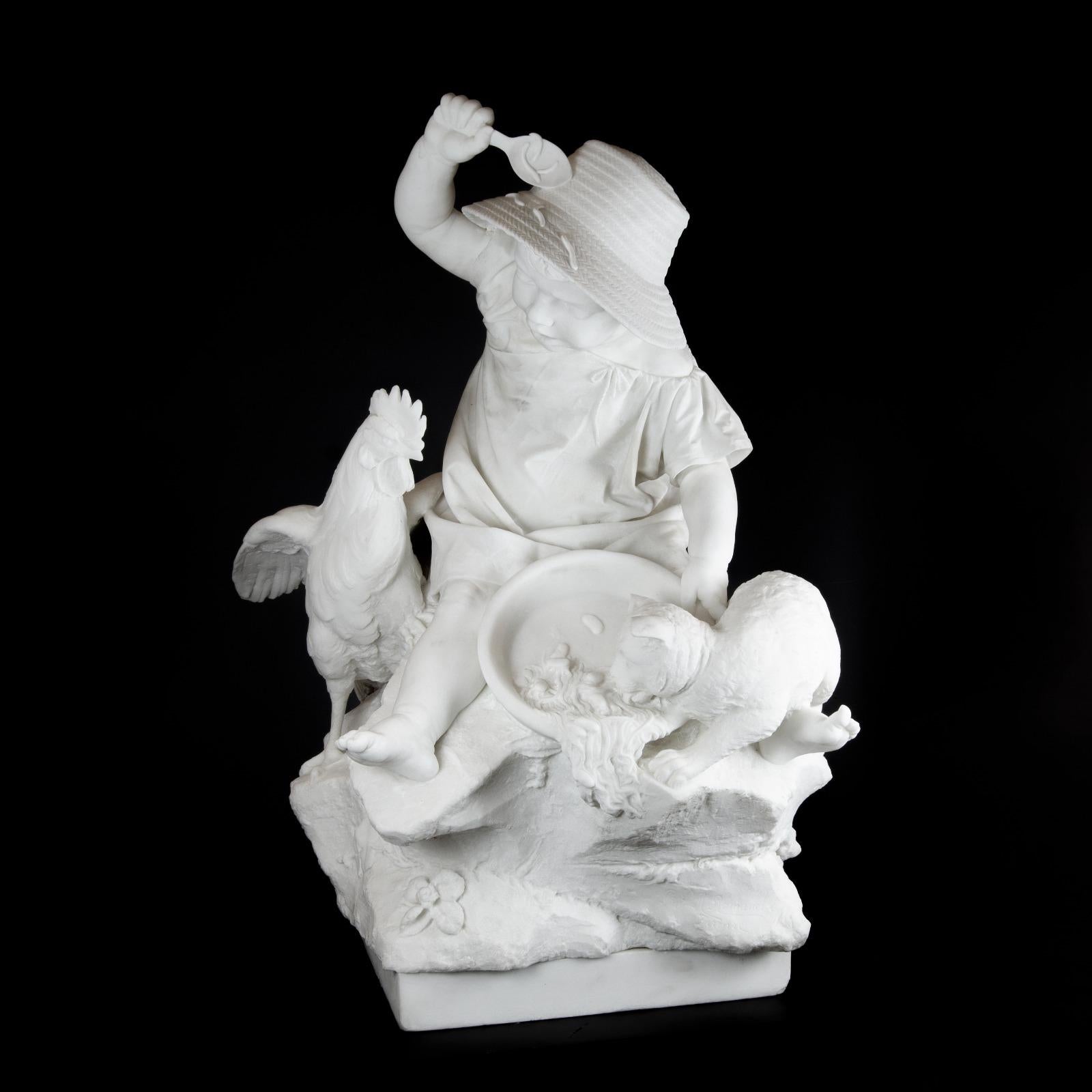 Ancient Italian Carrara marble sculpture by Raffaello Romanelli 19th century
Magnificent Carraca Marble Sculpture that represents a child next to a chicken that drops its food, while a kitten steals it. It has a quality in the details, such as