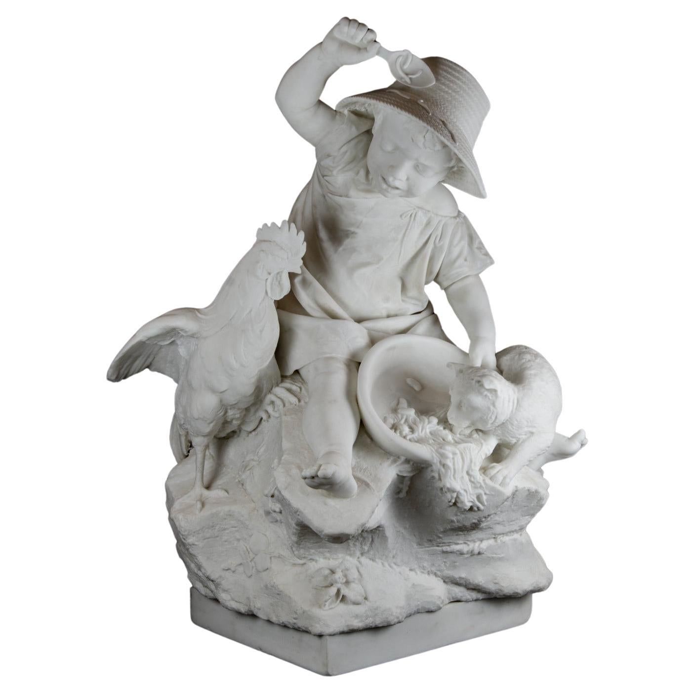 Ancient Italian Carrara marble sculpture by Raffaello Romanelli 19th century For Sale