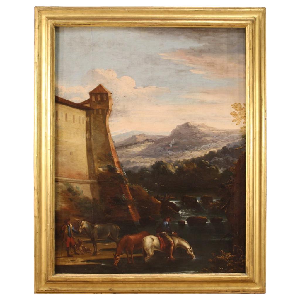 Ancient Italian Landscape Painting from the 17th Century For Sale
