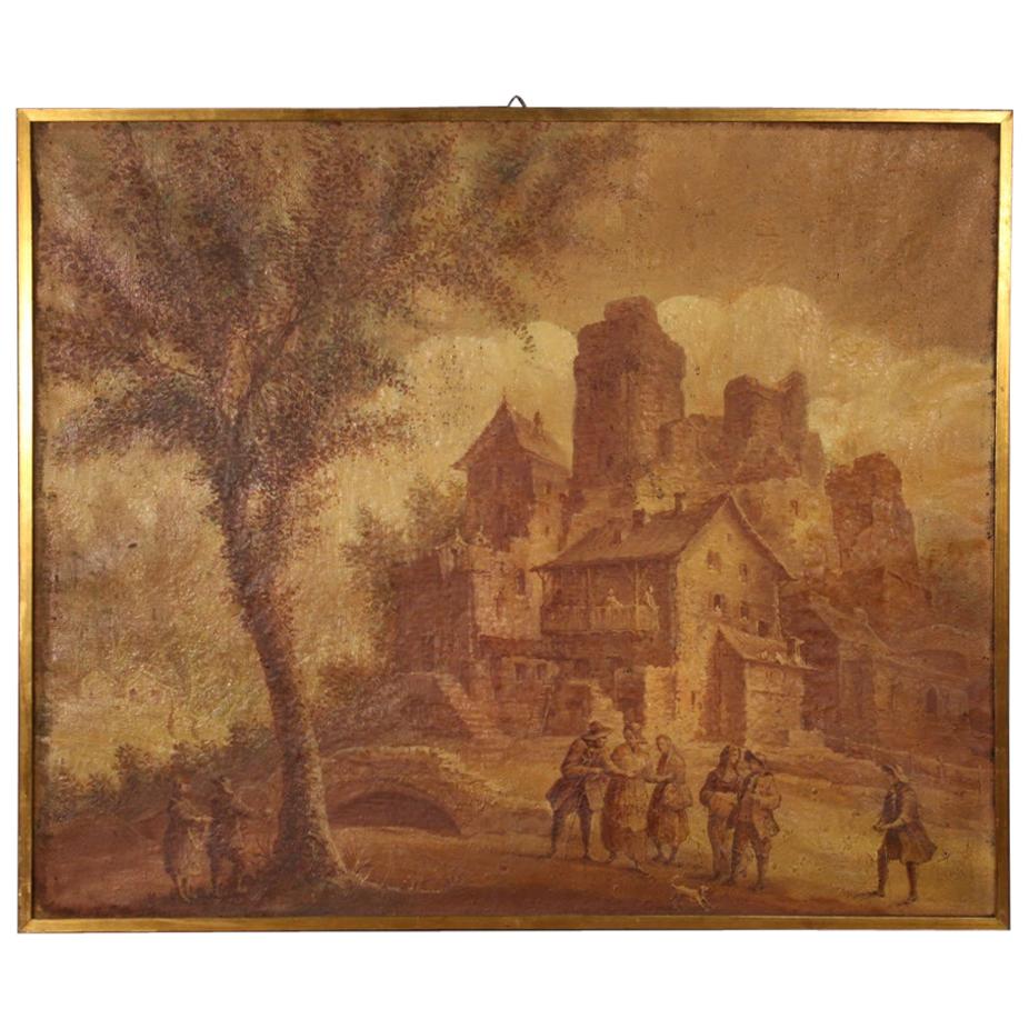 Ancient Italian Landscape Painting with Figures from the 19th Century For Sale