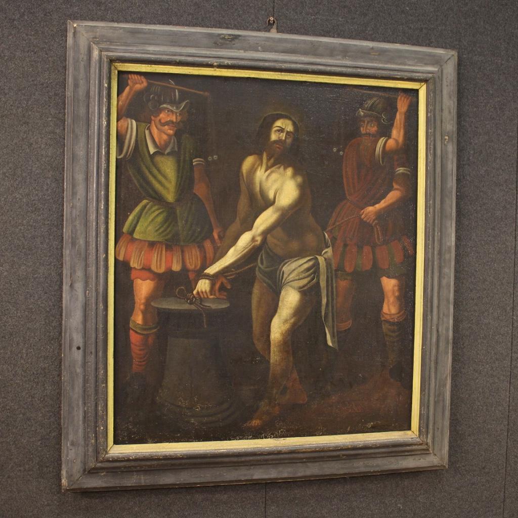 Ancient Italian Painting Flagellation of Jesus from the 17th Century For Sale 4