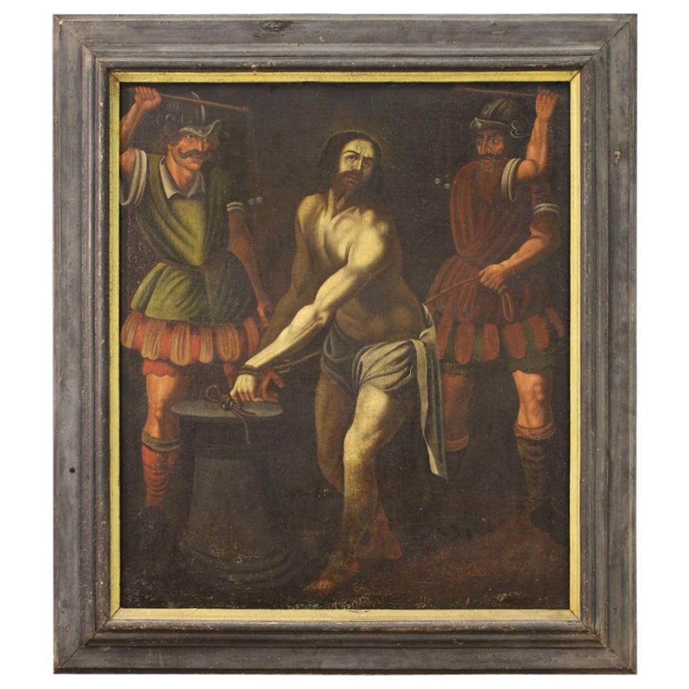 Ancient Italian Painting Flagellation of Jesus from the 17th Century For Sale