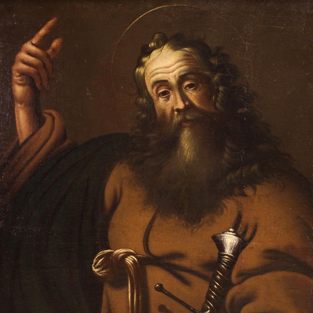 Ancient painting, 17th century, Italian. Opera oil on canvas depicting Saint Paul, a subject of sacred art of excellent pictorial quality. The Saint is represented with the sword as a warrior of the spiritual battles between good and evil.