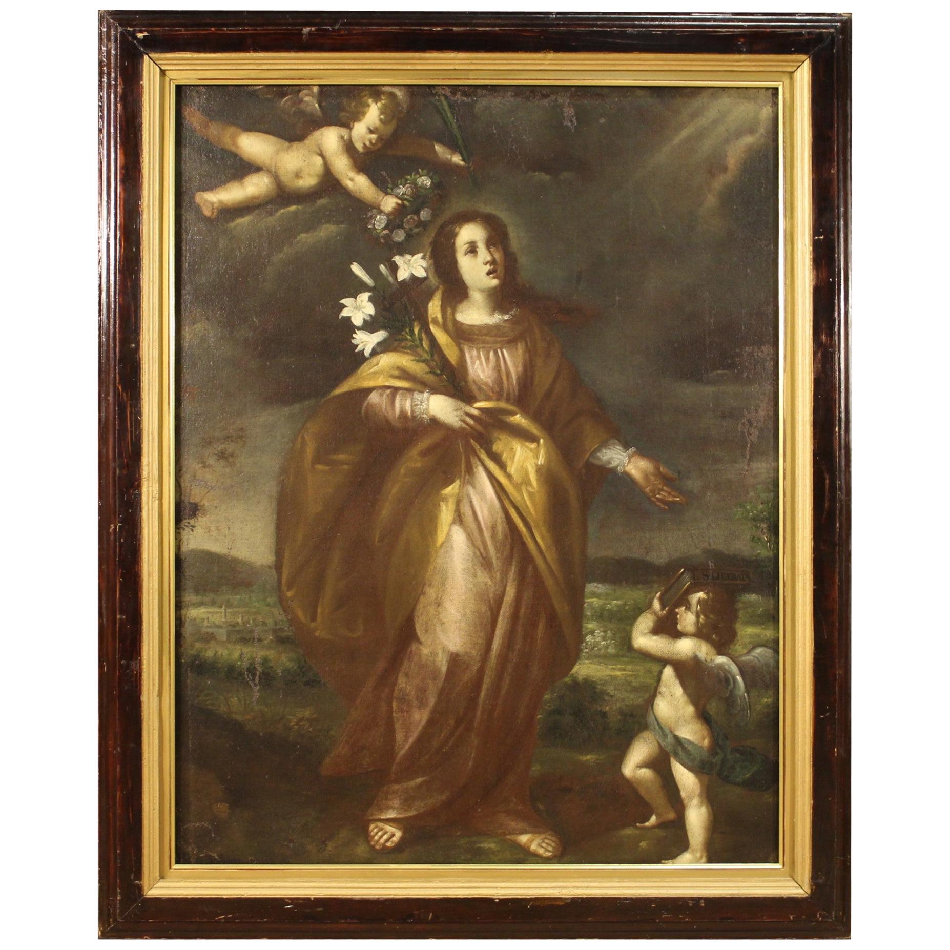 Ancient Italian Religious Painting Santa Liberata with Cherubs, 17th Century For Sale