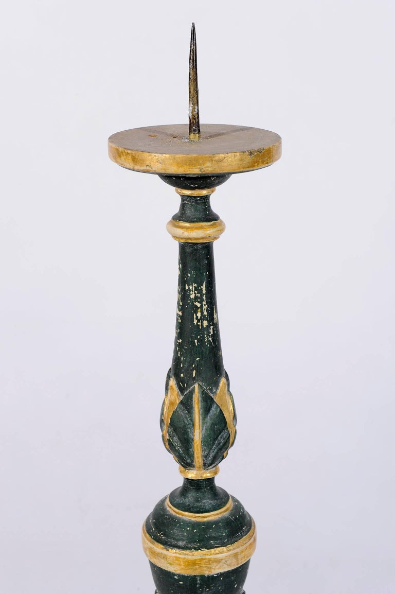 Ancient Italian Tall Green Wooden Candlesticks For Sale at 1stdibs