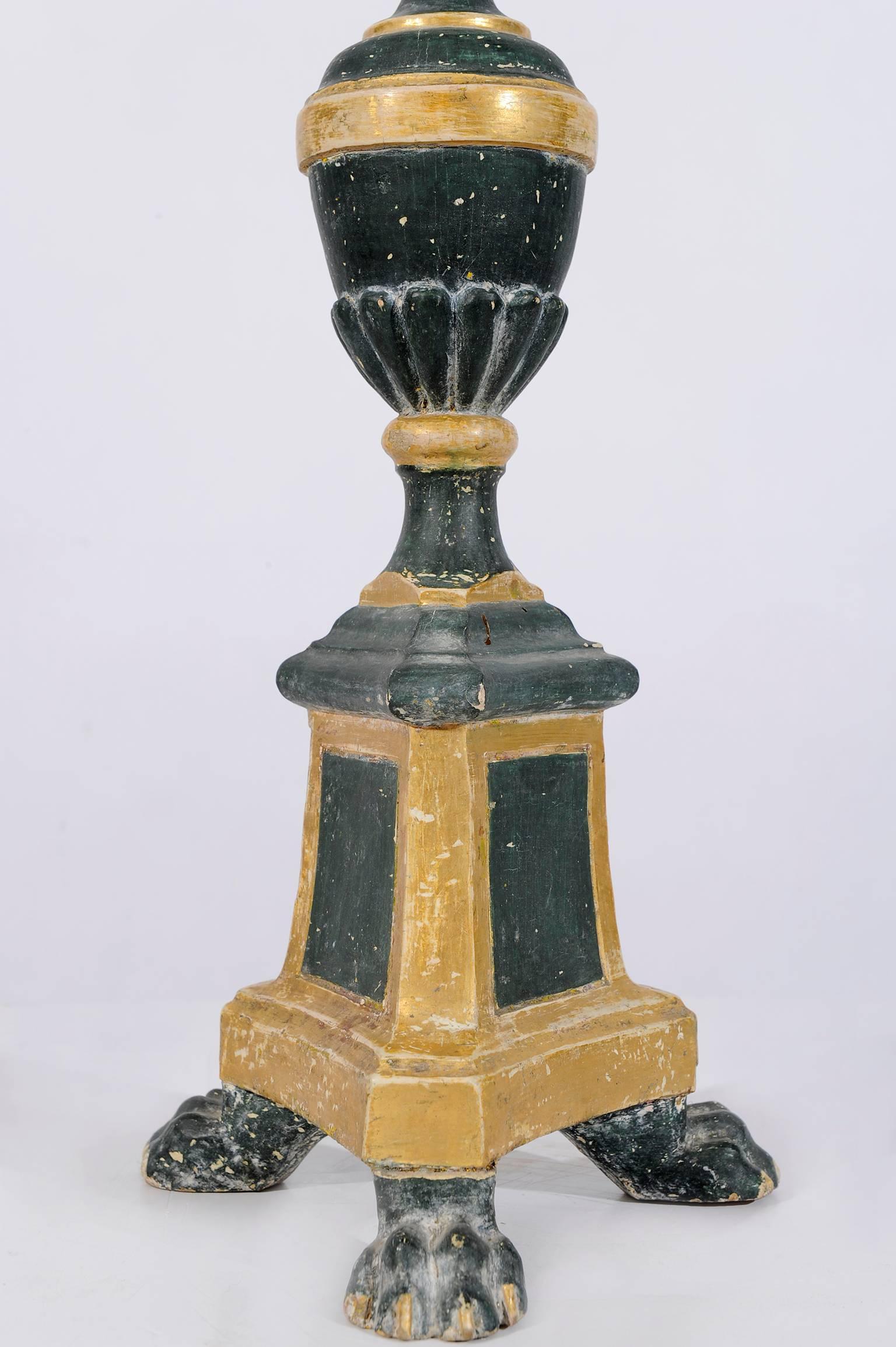 Louis XVI Tall Ancient Italian Green Wooden Candlesticks For Sale