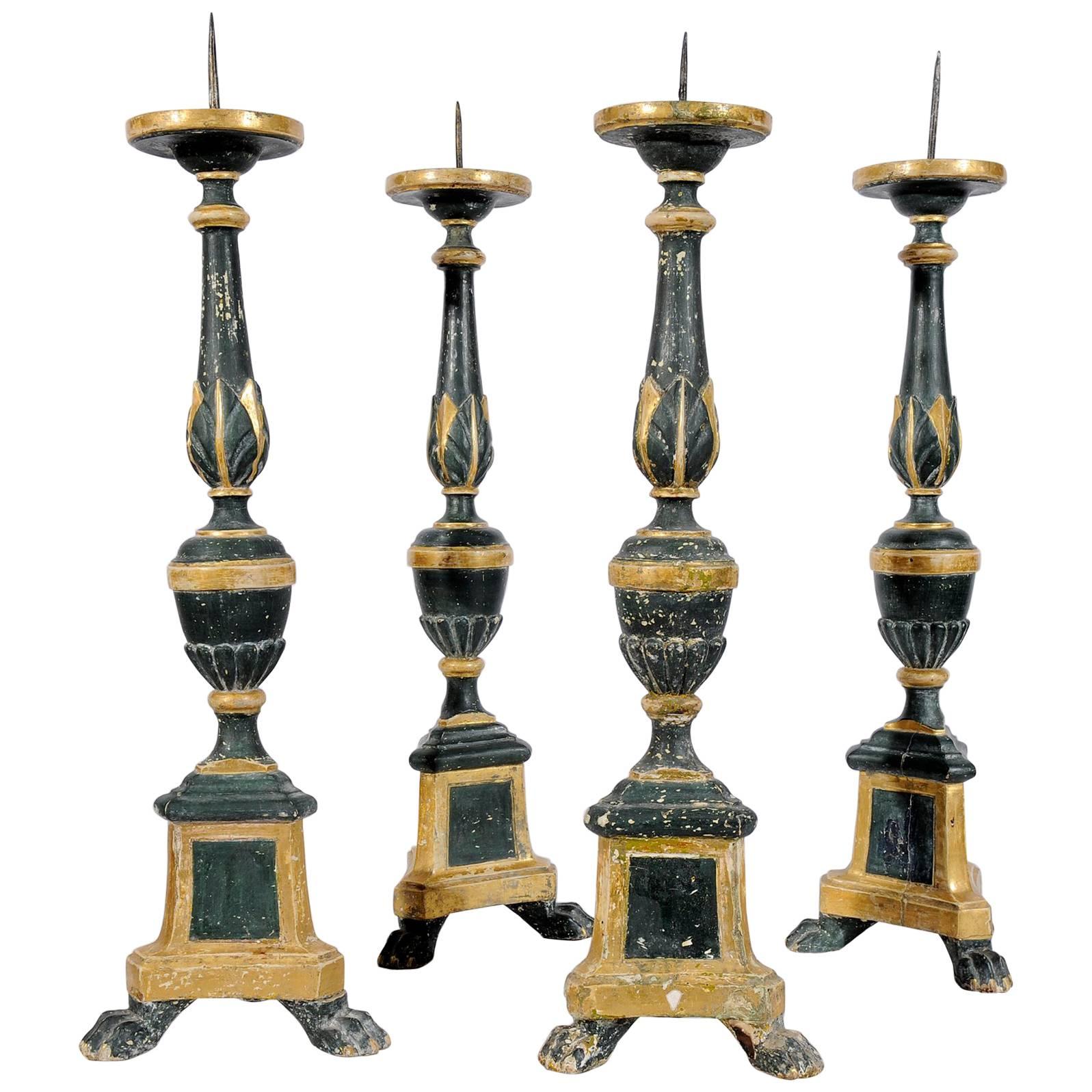 Tall Ancient Italian Green Wooden Candlesticks