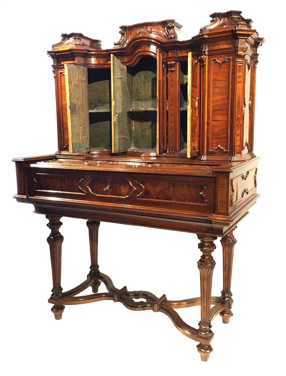 Carved Ancient Italian Writing Desk with Upper Cabinet, Milan, Circa 1730 For Sale