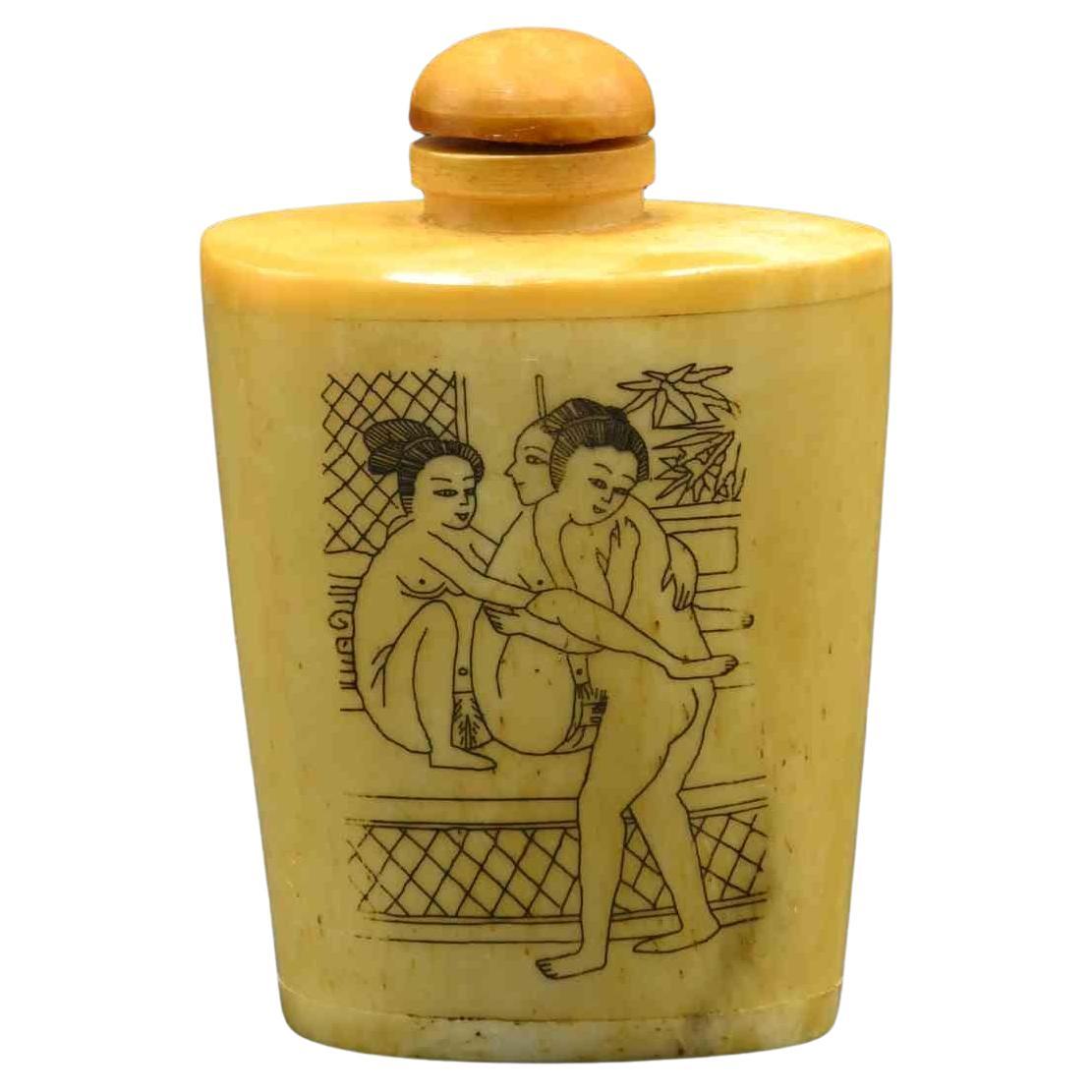 Ancient Japanese Ivory Snuff Bottle with Erotic Scene, Late 19th Century For Sale