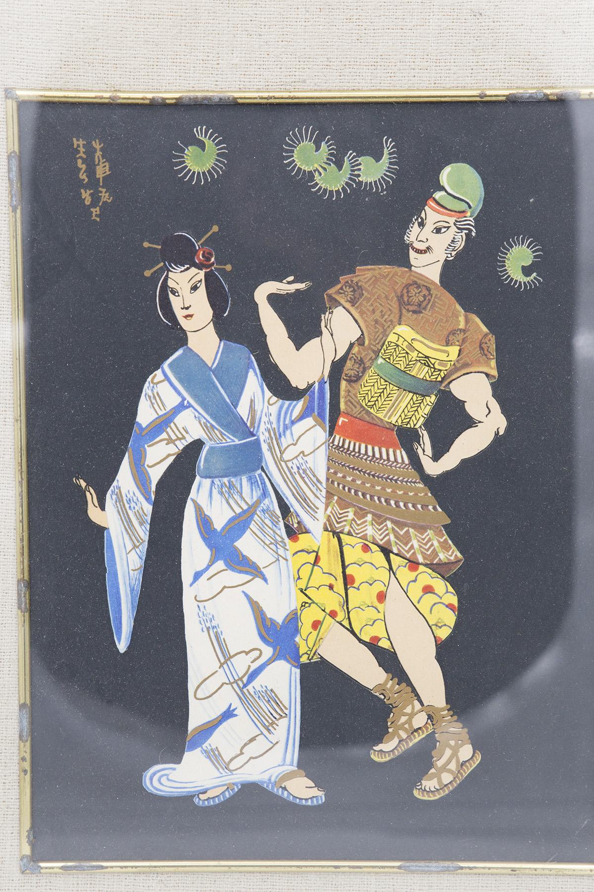 Antike und sehr seltene japanische Malerei aus den frühen 1900er Jahren, feine japanische Herstellung.
Das Gemälde hat einen rechteckigen Messingrahmen mit abgerundeten Ecken. Intern sehen wir einen weiteren Rahmen in Yuta, klassische Sandfarbe,