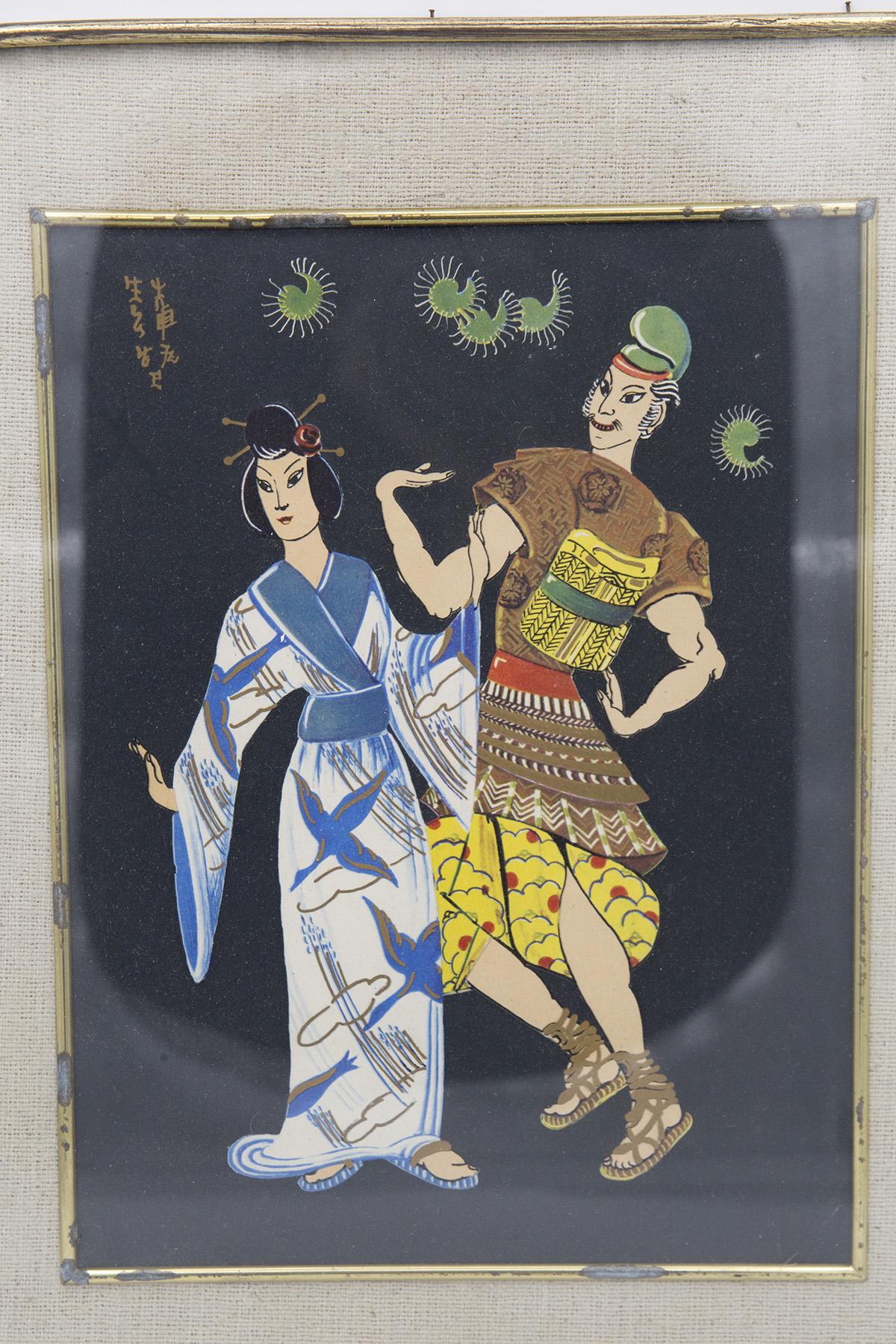 Anglo-japonais Peinture japonaise d'antiquités encadrée en laiton « Danse traditionnelle » en vente