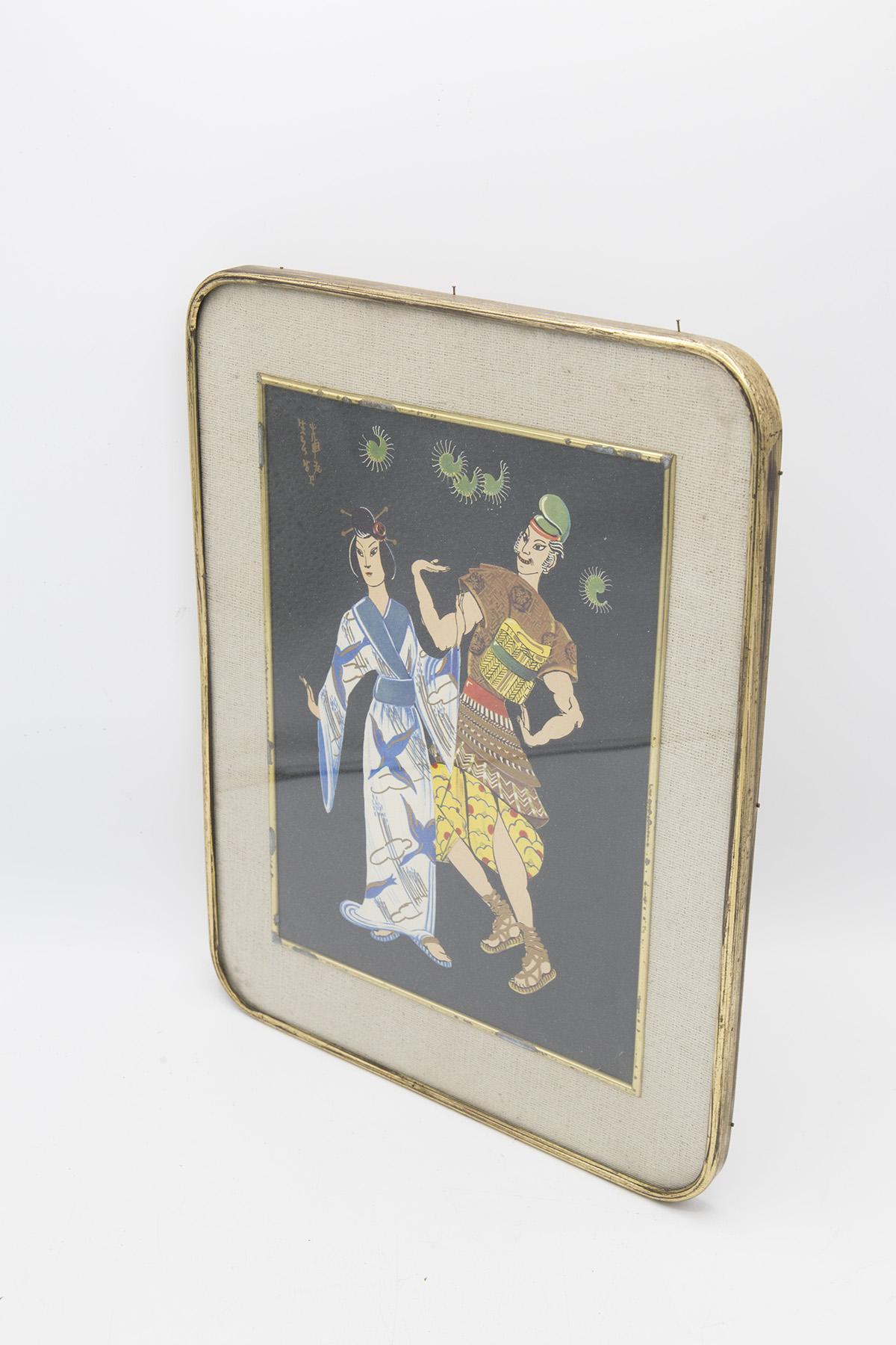 Début du 20ème siècle Peinture japonaise d'antiquités encadrée en laiton « Danse traditionnelle » en vente