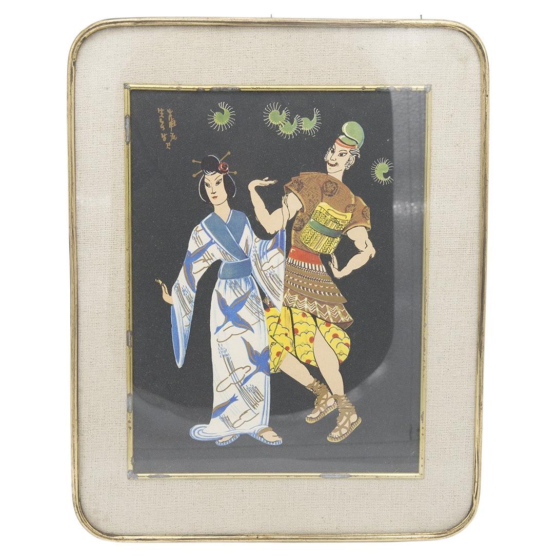 Ancient Japanese Painting Framed in Brass 'Traditional Dance' For Sale